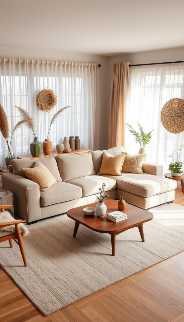 A cozy living room bathed in warm, earthy tones. The plush, beige sofa is the focal point, accented with throw pillows in rich textures like velvet and boucle. Wooden end tables and a mid-century modern coffee table add natural warmth, while a large area rug in a subtle geometric pattern grounds the space. Sheer curtains filter the soft, diffused light, creating a serene, inviting ambiance. Decorative vases, potted plants, and textured wall decor add layers of visual interest, blending the organic and the refined. The overall atmosphere is one of understated elegance and tranquility.
