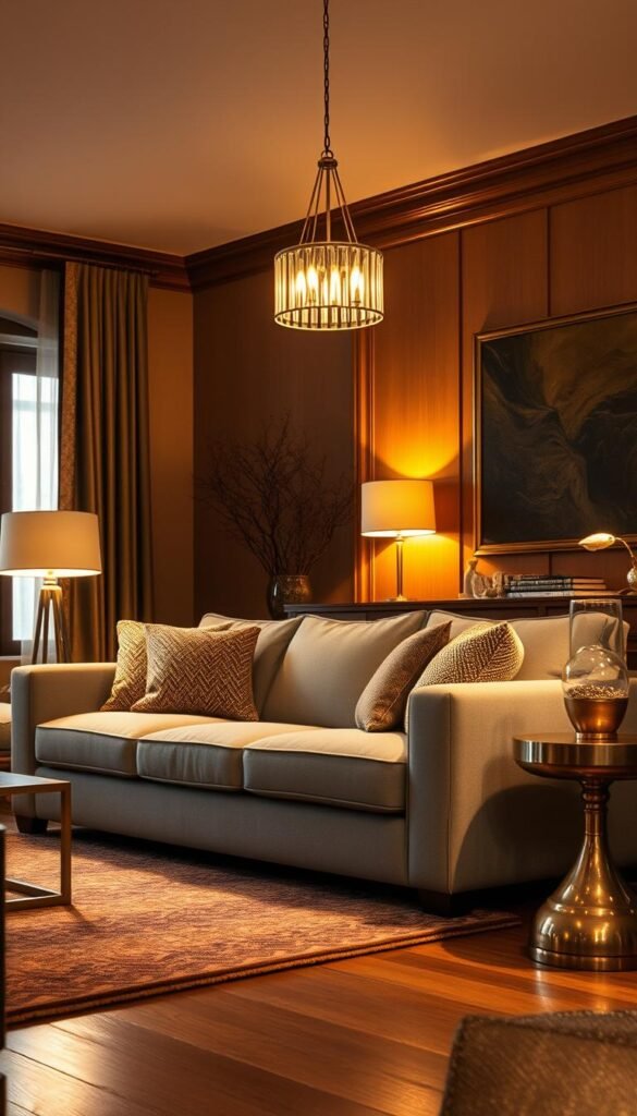 A cozy living room bathed in warm, golden lighting. Polished metallic accents glisten against a backdrop of rich, earthy tones. A large, plush sofa takes center stage, its soft gray upholstery complemented by textured throw pillows. Elegant floor lamps cast a gentle glow, illuminating the room's refined atmosphere. Carefully placed metallic side tables and a striking pendant light fixture add depth and visual interest. The scene exudes a sense of autumnal comfort and inviting ambiance, perfect for an intimate evening.