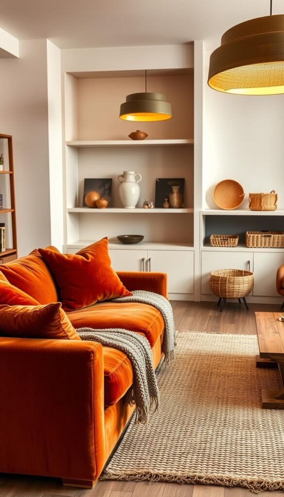 A cozy living room filled with layers of warm, inviting textures. In the foreground, a plush velvet sofa in a rich terracotta hue, its soft cushions complemented by a woven throw blanket. The middle ground features a wooden coffee table with a subtly distressed finish, surrounded by a textured area rug in earthy tones. Against the back wall, built-in shelves display decorative ceramic vases and woven baskets, creating visual interest. Overhead, a statement pendant light casts a soft, golden glow, illuminating the space and enhancing the sense of depth and comfort. The overall atmosphere is one of relaxation and sophisticated style, perfect for a modern, inviting living area.