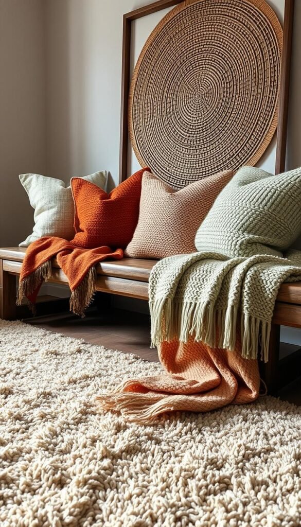 A cozy living room scene featuring a plush, textured area rug in earthy tones. Soft, knitted throws and pillows in muted hues of ochre, terracotta, and sage are artfully arranged on a rustic wooden bench, creating a warm, inviting ambiance. Indirect lighting casts a gentle glow, highlighting the natural textures and subtle patterns of the textiles. In the background, a large, framed piece of woven wall art adds visual interest and depth to the composition. The overall mood is one of comfort, relaxation, and a deep connection to the natural world.