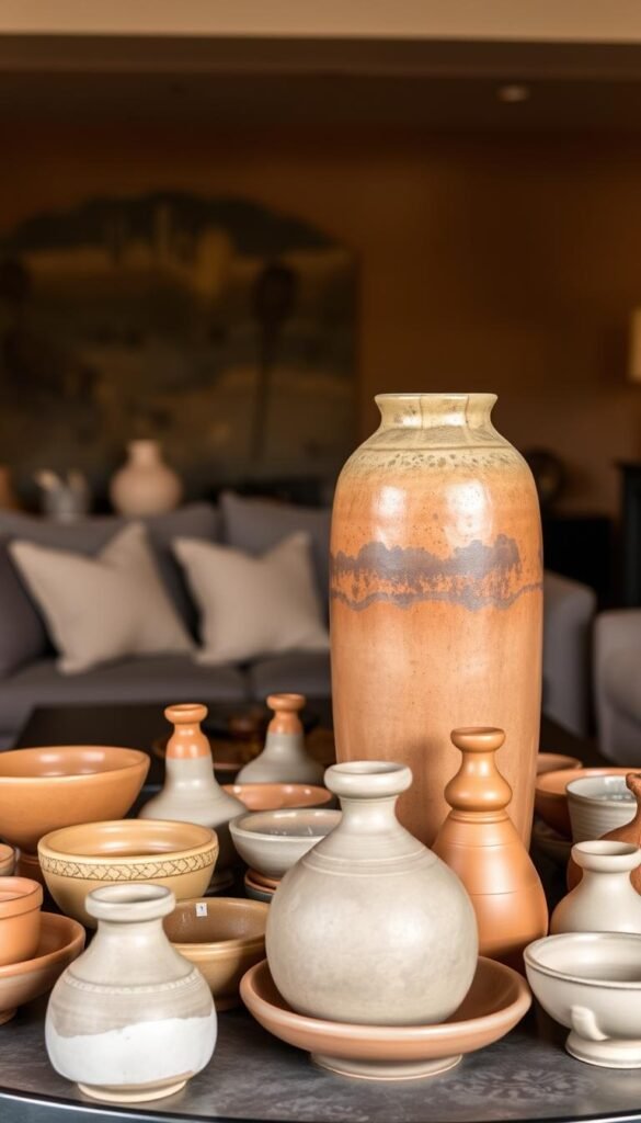 A cozy living room set against a warm, earthy backdrop. In the foreground, an elegant arrangement of handcrafted pottery and ceramics, each piece a unique work of art. The centerpiece is a large, rustic vase with a glazed finish, surrounded by smaller bowls, plates, and decorative figurines in a variety of shapes, sizes, and muted colors - ochre, terracotta, and soft greys. The lighting is gentle, casting a glow that highlights the textural details and natural imperfections of the ceramics. The composition is balanced, with the pottery taking center stage, complementing the overall mood of relaxed sophistication.