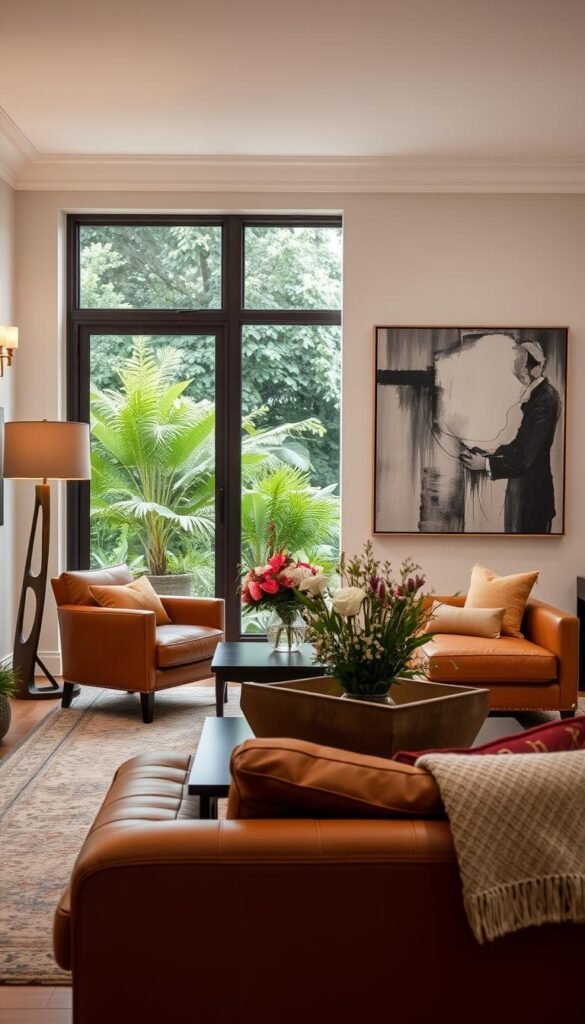 A cozy living room with a focal point beyond the tan leather sofa. In the foreground, a plush armchair and a sculptural floor lamp create a conversational seating area. The midground features a modern coffee table with a vase of fresh flowers, framed by a large window overlooking a lush, verdant garden. Soft, warm lighting from sconces and a pendant fixture casts a gentle glow, enhancing the room's tranquil atmosphere. The background showcases a striking piece of abstract art, drawing the eye and serving as the true focal point, complementing the earthy tones of the leather sofa.
