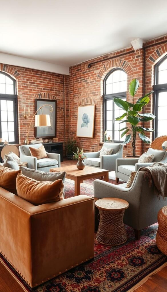 A cozy living room with a harmonious blend of textures, creating a warm and inviting atmosphere. In the foreground, a plush velvet sofa with soft throw pillows sits atop a patterned area rug, its intricate design adding depth and visual interest. Midground features a wooden coffee table with a natural grain, surrounded by linen-upholstered armchairs. Hints of metallic accents, such as a brass floor lamp and copper wall sconces, catch the soft, diffused lighting filtering in through large windows. The background showcases exposed brick walls, their textured surface complementing the smooth, plastered walls. Decorative elements like woven baskets, ceramics, and a fiddle-leaf fig tree contribute to the balanced, elegant aesthetic.