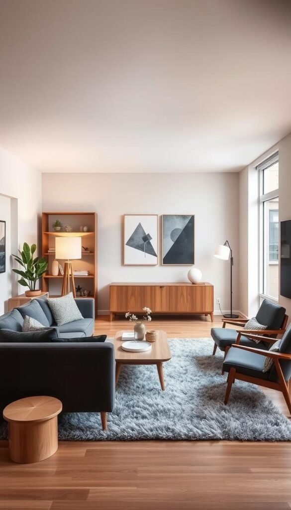 A cozy living room with a harmonious blend of warm and cool gray tones. The focal point is a plush, charcoal gray sectional sofa complemented by a mid-century modern coffee table in a lighter shade. Accent chairs in a cooler slate gray provide visual contrast, while a fluffy gray area rug ties the room together. Warm wood tones from a wall-mounted shelving unit and floor lamps infuse the space with a sense of depth and richness. Soft, diffused natural light filters in through large windows, creating a serene, tranquil ambiance. Minimalist abstract art pieces on the walls add subtle pops of color, elevating the refined, sophisticated atmosphere.