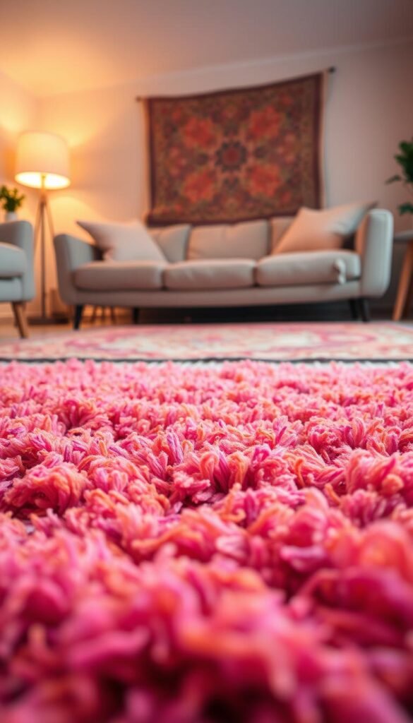 A cozy living room with a layered arrangement of vibrant, textured rugs. In the foreground, a plush, colorful shag rug in shades of pink, orange, and burgundy. In the middle ground, a patterned vintage-inspired rug in earthy tones, adding depth and visual interest. The background features a solid, neutral rug in an off-white or beige hue, anchoring the composition. Warm, diffused lighting illuminates the scene, creating a welcoming and inviting atmosphere. The rugs are expertly positioned to create a harmonious, layered effect that enhances the overall vibrancy and depth of the living space.