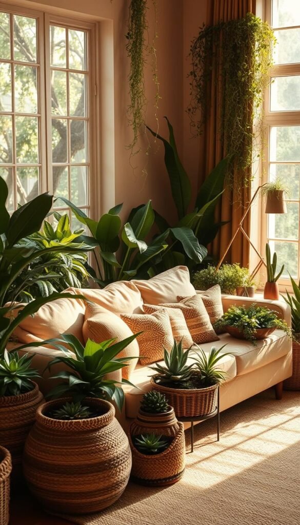 A cozy living room with a plush beige sofa nestled among lush, earthy-toned plants. Warm, natural lighting filters through large windows, casting a soft, inviting glow. The room is filled with the verdant presence of potted ferns, trailing vines, and sculptural succulents, seamlessly blending the outdoors with the indoors. Textures abound, from the woven baskets holding additional greenery to the woven throw pillows adorning the sofa. The overall atmosphere is one of tranquility and balance, drawing the eye to the harmonious integration of nature and refined, minimalist living.