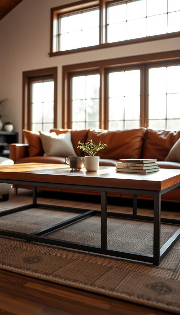 A cozy living room with a plush tan leather sofa sits atop a meticulously crafted coffee table. The table features a polished wood top with clean lines, complemented by a sturdy metal frame in a muted bronze finish. Natural light filters in through large windows, casting a warm glow on the scene. Soft, indirect lighting illuminates the space, creating a serene and inviting atmosphere. Carefully curated decor elements, such as a potted plant and a stack of hardcover books, add subtle touches of personality. The overall composition exudes a sense of refined elegance and effortless sophistication, perfectly capturing the essence of a living space that seamlessly pairs a leather sofa with a thoughtfully selected coffee table.