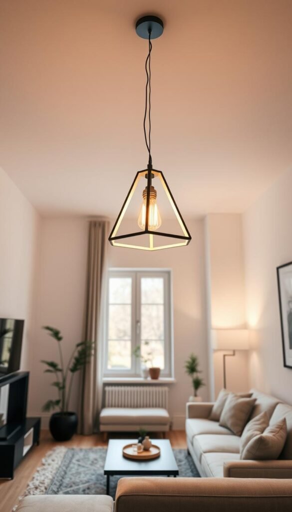 A cozy living room with a statement lighting piece as the focal point. A modern, minimalist pendant light with a geometric, angular design suspended from the ceiling, casting warm, ambient illumination. The pendant is surrounded by clean, white walls and simple, understated furniture, allowing the lighting to be the star. Soft, natural light filters in through large windows, creating a bright, airy atmosphere. The lighting is the hero, drawing the eye and creating a sense of elegance and sophistication in the compact space. A cozy living room with a statement lighting piece as the focal point. A modern, minimalist pendant light with a geometric, angular design suspended from the ceiling, casting warm, ambient illumination. The pendant is surrounded by clean, white walls and simple, understated furniture, allowing the lighting to be the star. Soft, natural light filters in through large windows, creating a bright, airy atmosphere. The lighting is the hero, drawing the eye and creating a sense of elegance and sophistication in the compact space.
