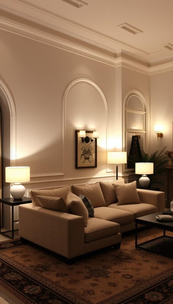 A cozy living room with a warm, inviting ambiance. Soft, ambient lighting casts a gentle glow, creating a tranquil and relaxing atmosphere. Strategically placed floor lamps and wall sconces provide a mix of direct and diffused illumination, highlighting architectural details and textures. A large, plush sofa is the focal point, flanked by side tables with table lamps that emit a soft, inviting radiance. Neutral-toned furnishings and decor elements blend seamlessly, while a large, ornate area rug anchors the space. The lighting effortlessly sets the mood, enveloping the room in a serene and luxurious ambiance.