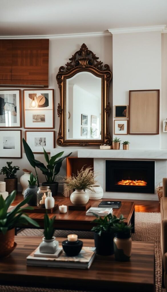 A cozy living room with a warm, inviting atmosphere. In the foreground, a large, ornate mirror hangs on the wall, reflecting the natural light streaming in from the windows. Surrounding the mirror are several pieces of abstract art, creating a visually striking gallery display. The middle ground features a wooden coffee table, with a mix of decorative objects and potted plants adding depth and texture. The background showcases a sleek, minimalist fireplace, casting a soft, golden glow throughout the space. The overall scene exudes a sense of refined elegance and a harmonious blend of natural materials, warm lighting, and thoughtfully curated artistic elements.