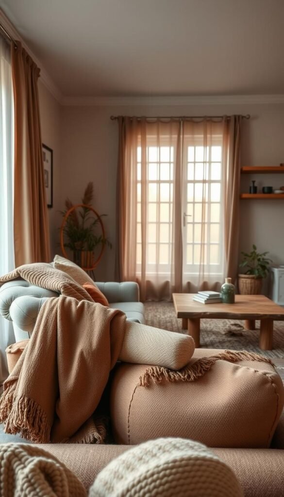 A cozy living room with a warm, inviting atmosphere. In the foreground, an assortment of plush textiles and fabrics in earthy tones - a soft, velvet throw draped over a tufted armchair, a woven area rug, and delicate sheer curtains framing the windows. In the middle ground, natural wood elements like a rustic coffee table and floating shelves create a harmonious contrast. Indirect lighting casts a gentle glow, accentuating the textures and hues. The overall mood is one of comfort and sophistication, perfect for a relaxing afternoon.