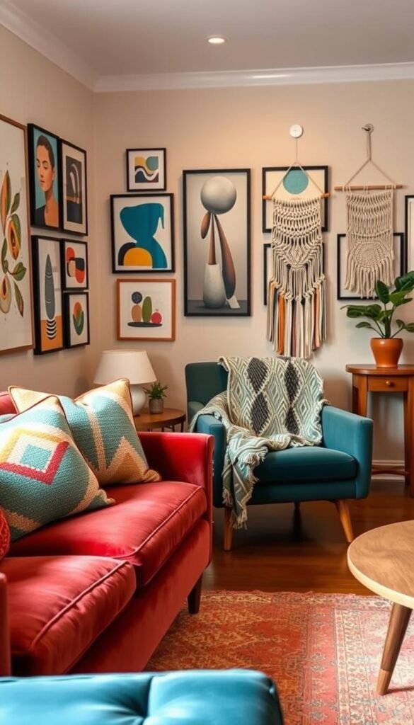 A cozy living room with an eclectic mix of patterns that come together harmoniously. The foreground features a plush velvet sofa adorned with geometric cushions in a vibrant color palette. In the middle ground, a mid-century modern armchair is draped with a patterned throw blanket. The background showcases a gallery wall of framed abstract art, interspersed with a macrame wall hanging and a wooden side table topped with a potted plant. The room is bathed in warm, diffused lighting, creating a inviting and personalized atmosphere. The overall composition captures the essence of a modern eclectic living space that reflects the homeowner's unique style and personality.