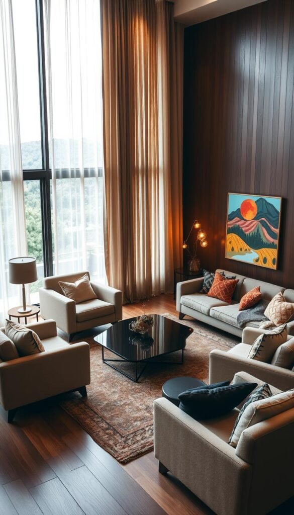 A cozy living room with distinct conversation areas arranged around a central focal point. In the foreground, plush armchairs and a loveseat are positioned to encourage intimate dialogue, their colors complementing the vibrant artwork on the walls. The middle ground features a modern coffee table, its sleek design contrasting with the soft textures of the rug and throw pillows. Warm, indirect lighting filters through sheer curtains, creating a welcoming ambiance. In the background, a large window overlooks a lush, verdant landscape, blending the interior and exterior seamlessly. The overall scene radiates a sense of comfort, creativity, and thoughtful design.