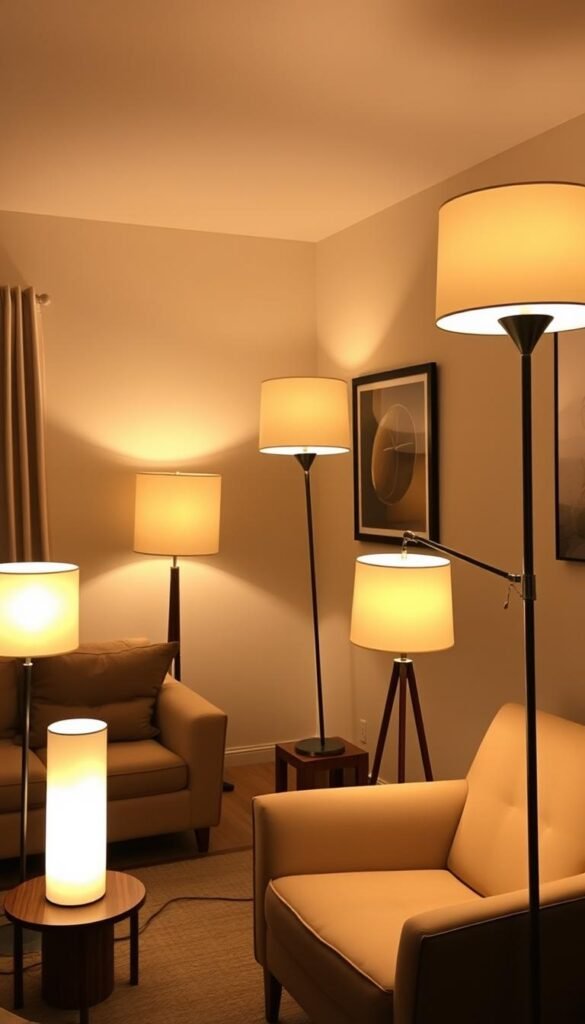 A cozy living room with multiple floor lamps strategically placed to define distinct zones and create a warm, inviting ambiance. The lamps cast a soft, diffused light, illuminating the space and casting gentle shadows that add depth and dimension. The lamps are of varying heights and styles, creating a visually interesting and cohesive arrangement. The room is furnished with mid-century modern furniture, including a plush sofa and armchair, complementing the lamps' aesthetic. The overall scene conveys a sense of relaxation and comfort, with the lamps playing a crucial role in shaping the mood and atmosphere of the space.