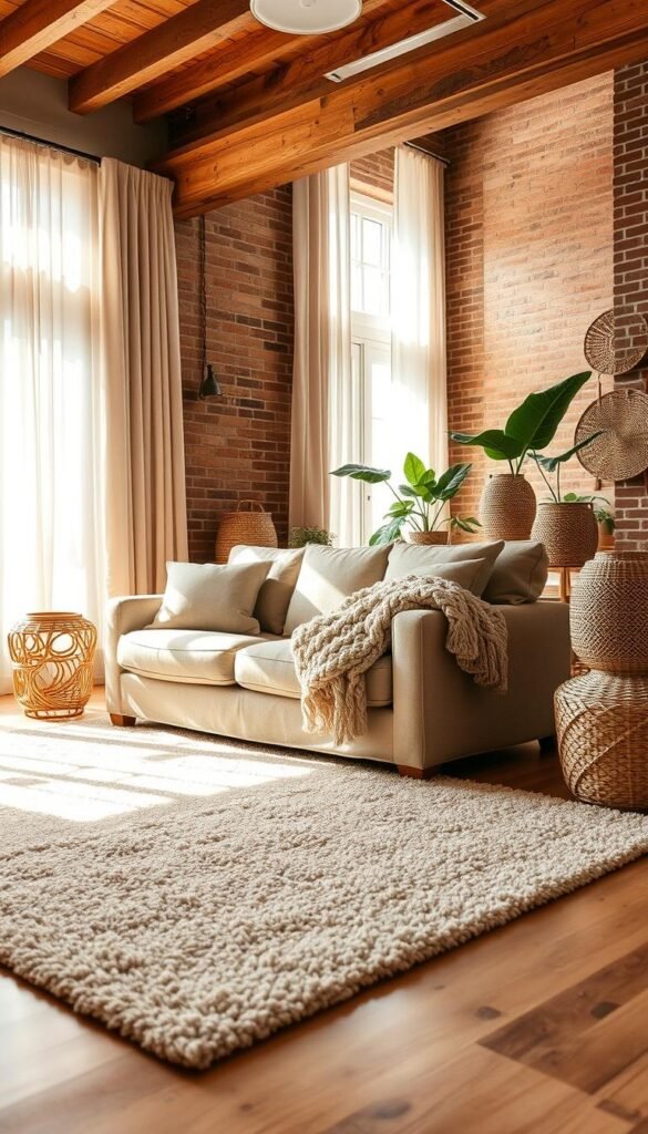 A cozy living room with natural textile layering for a warm, inviting ambiance. In the foreground, a plush, neutral-toned area rug covers the hardwood floor, its soft fibers inviting bare feet. Atop it, a low-slung, earthy-toned linen sofa is flanked by woven rattan side tables, their intricate patterns casting gentle shadows. Cascading from the windows, billowy linen curtains filter the soft, natural light, creating a serene, sun-dappled atmosphere. In the middle ground, a chunky knit throw blanket in a complementary hue drapes over the sofa's armrest, while decorative woven baskets and potted plants add organic texture and a connection to nature. The background features wooden ceiling beams and exposed brick walls, reinforcing the room's rustic, yet refined aesthetic. The overall scene evokes a sense of relaxation and harmony, seamlessly blending the outdoors with the indoors.