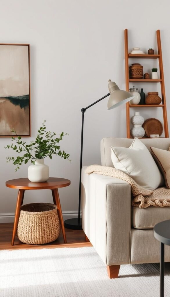 A cozy living room with strategic placement of textural, meaningful decor accessories. In the foreground, a mid-century modern side table with a plush, hand-woven basket and a minimalist ceramic vase filled with fresh greenery. On the wall, an abstract artwork with earthy, muted tones creates a focal point. The middle ground features a neutral-toned, linen-upholstered sofa adorned with a knitted throw and a pair of accent pillows in complementary hues. Soft, diffused lighting from a sleek floor lamp casts a warm glow, enhancing the organic, calming ambiance. The background showcases a wooden ladder shelf displaying various decorative items, including ceramic planters, woven baskets, and a few cherished personal trinkets. The overall scene exudes a sense of intentionality, sophistication, and a touch of Scandinavian minimalism.