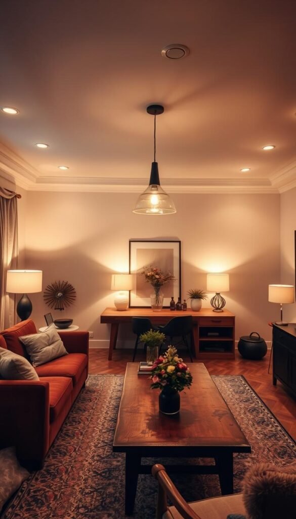 A cozy living room with warm, inviting lighting. The space is filled with a mix of modern and eclectic decor elements - a plush velvet sofa, an antique coffee table, and mid-century inspired lamps. Soft, ambient light emanates from recessed ceiling fixtures, creating a serene, romantic atmosphere. A pair of statement pendant lights hang above a wooden dining table, casting a gentle glow across the room. Strategically placed floor lamps and table lamps provide focused illumination, highlighting key decor pieces. The overall lighting design is a harmonious blend of functionality and artistic flair, elevating the room's interior aesthetic.