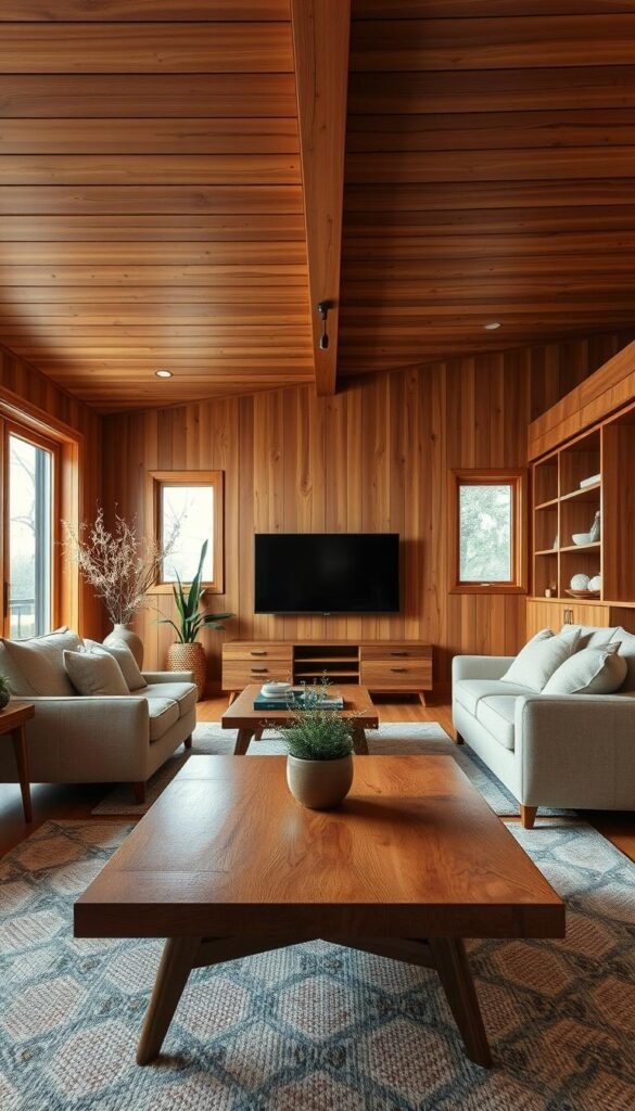 A cozy living room with warm, natural wood accents. A mid-century modern coffee table with an oak top stands in the foreground, its clean lines and rich tones complementing the plush beige sofa behind it. On the far wall, a sleek wooden media console holds a flatscreen TV, its shelves displaying decorative objects that add depth and texture. Overhead, a wooden beam ceiling casts a soft, ambient glow, creating a inviting atmosphere. Large windows flood the space with natural light, highlighting the beautiful grain and warmth of the wooden elements. The overall scene exudes a sense of comfort and sophistication, perfect for a modern classic living room.