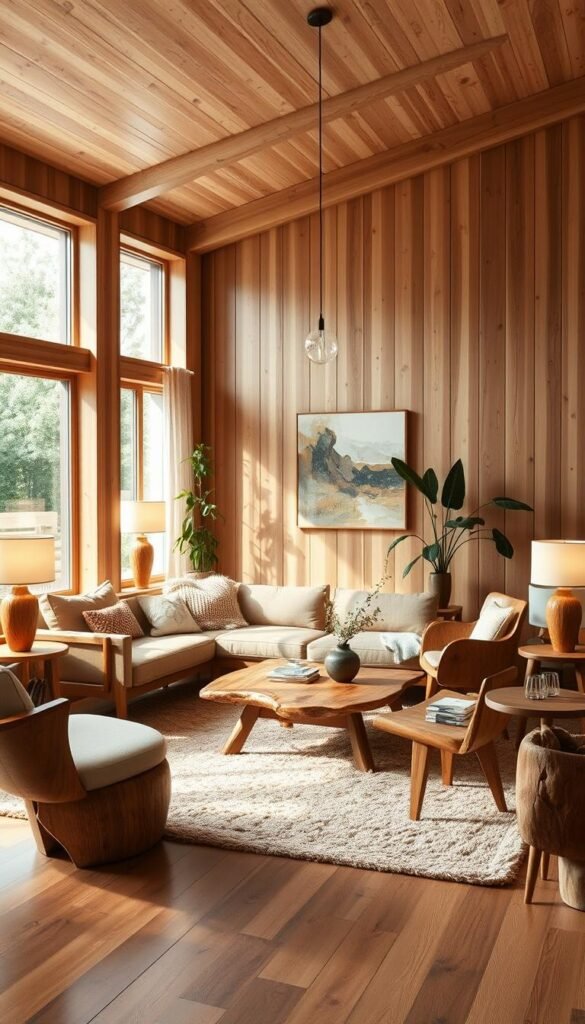 A cozy living space filled with the warmth and character of natural wood furniture. A mid-century modern sofa and armchair sit atop a plush, earthy-toned area rug, complemented by a wooden coffee table and side tables with organic, rounded edges. Soft, diffused lighting from floor lamps and a pendant fixture above casts a gentle glow, highlighting the natural grain and hues of the wood. Large windows allow ample natural light to pour in, creating a serene and inviting atmosphere. Potted plants and a piece of abstract wall art add touches of greenery and visual interest, blending the natural and modern elements seamlessly. A cozy living space filled with the warmth and character of natural wood furniture. A mid-century modern sofa and armchair sit atop a plush, earthy-toned area rug, complemented by a wooden coffee table and side tables with organic, rounded edges. Soft, diffused lighting from floor lamps and a pendant fixture above casts a gentle glow, highlighting the natural grain and hues of the wood. Large windows allow ample natural light to pour in, creating a serene and inviting atmosphere. Potted plants and a piece of abstract wall art add touches of greenery and visual interest, blending the natural and modern elements seamlessly.