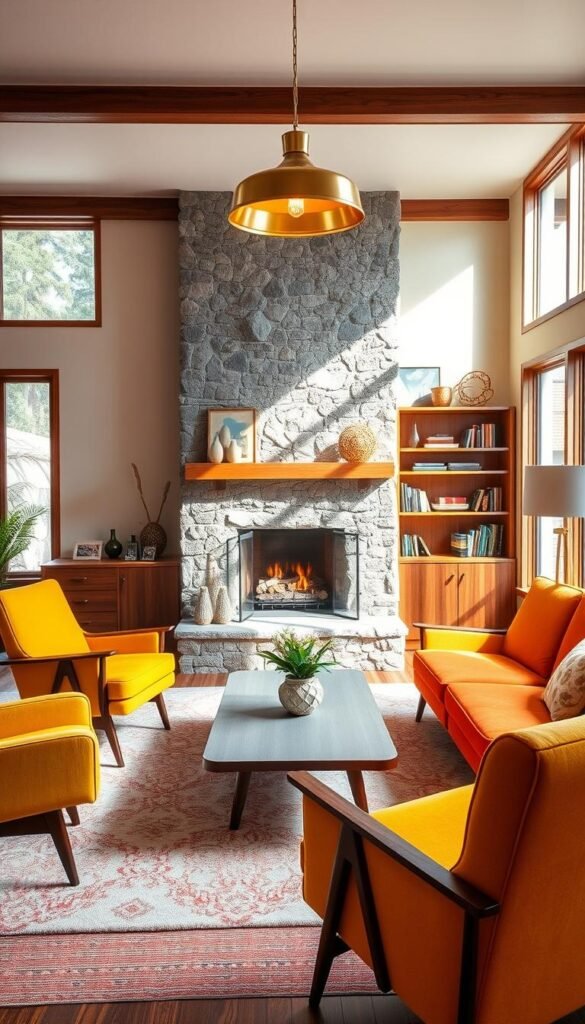 A cozy mid-century modern living room bathed in a warm, inviting color scheme. The space features a plush, burnt orange sofa positioned in front of a stone fireplace, its flickering flames casting a soft glow throughout the room. Complementing the sofa are two mustard-yellow armchairs, their retro-inspired silhouettes adding to the vintage charm. Wooden accents, such as a sleek coffee table and bookshelves, lend a natural, earthy tone that balances the vibrant hues. Overhead, a brass pendant light fixture casts a gentle, ambient light, creating a welcoming, relaxed atmosphere. Large windows allow natural light to stream in, accentuating the room's vibrant yet harmonious color palette.