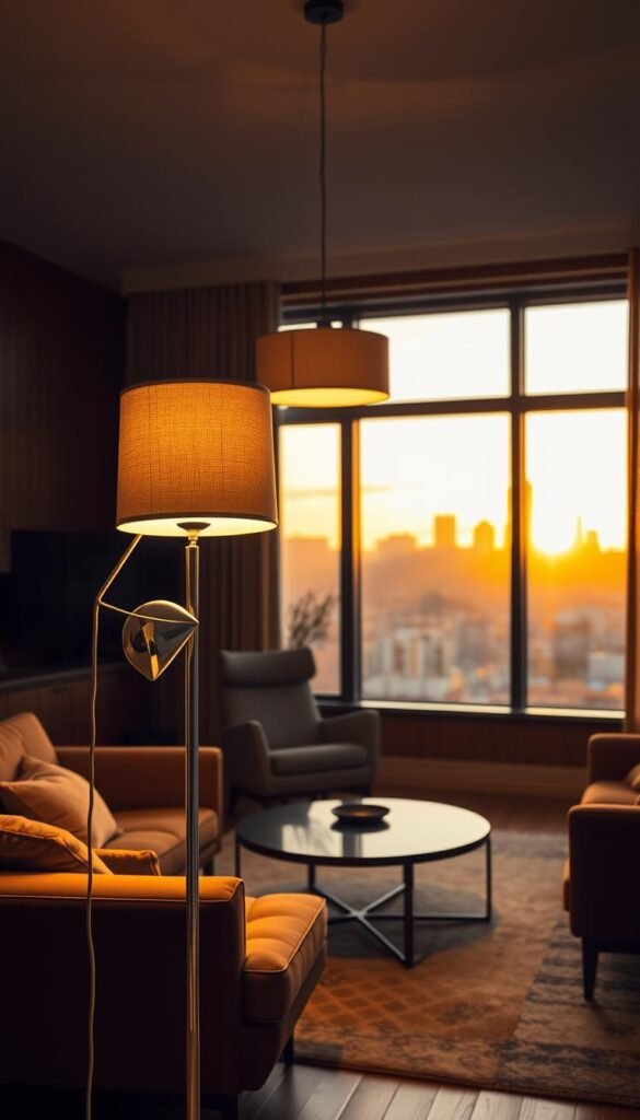 A cozy mid-century modern living room, bathed in a warm, inviting glow. In the foreground, a vintage floor lamp with a sleek chrome base and a classic parchment shade casts a soft, diffused light, complementing the room's wood-paneled walls and plush velvet furnishings. In the middle ground, a modern pendant light hovers overhead, its minimalist geometric design casting angular shadows that dance across the space. The background features a large picture window, framing a cityscape silhouetted by the golden hour, blending the nostalgic and the contemporary in a harmonious visual symphony. A cozy mid-century modern living room, bathed in a warm, inviting glow. In the foreground, a vintage floor lamp with a sleek chrome base and a classic parchment shade casts a soft, diffused light, complementing the room's wood-paneled walls and plush velvet furnishings. In the middle ground, a modern pendant light hovers overhead, its minimalist geometric design casting angular shadows that dance across the space. The background features a large picture window, framing a cityscape silhouetted by the golden hour, blending the nostalgic and the contemporary in a harmonious visual symphony.