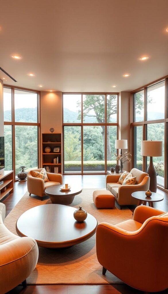 A cozy mid-century modern living room, bathed in warm, soft lighting from sleek recessed fixtures. The foreground features an arrangement of smooth, organic shapes in earthy tones - a curved sofa, an ovoid coffee table, and rounded armchairs. Geometric accents, such as angular shelving units and a hexagonal side table, create visual balance and interest. The middle ground showcases a geometric area rug with a subtle pattern, complementing the furniture. In the background, large windows overlook a lush, natural landscape, blurring the lines between indoor and outdoor spaces. An atmosphere of harmony and timeless sophistication permeates the scene. A cozy mid-century modern living room, bathed in warm, soft lighting from sleek recessed fixtures. The foreground features an arrangement of smooth, organic shapes in earthy tones - a curved sofa, an ovoid coffee table, and rounded armchairs. Geometric accents, such as angular shelving units and a hexagonal side table, create visual balance and interest. The middle ground showcases a geometric area rug with a subtle pattern, complementing the furniture. In the background, large windows overlook a lush, natural landscape, blurring the lines between indoor and outdoor spaces. An atmosphere of harmony and timeless sophistication permeates the scene.