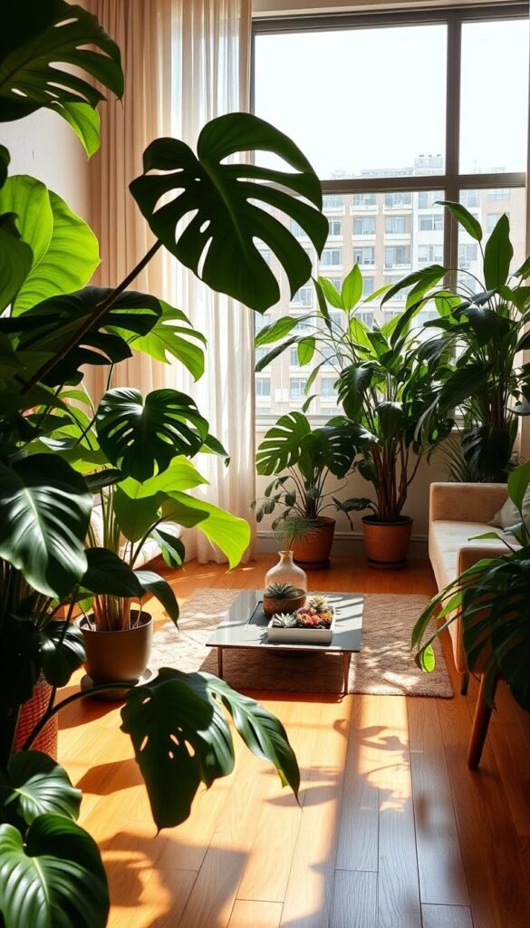 A cozy mid-century modern living room filled with lush, verdant plants. In the foreground, a cluster of potted monstera deliciosa and philodendron plants, their large leaves casting intricate shadows across the warm, wooden floor. In the middle ground, a sleek, low-profile coffee table with a selection of stylish succulents and a small ceramic vase of fresh flowers. Behind, a floor-to-ceiling window floods the space with soft, natural light, illuminating the textured walls and highlighting the elegant lines of the mid-century modern furniture. The overall mood is one of calm, earthy tranquility, creating a harmonious and organic atmosphere perfect for a small urban apartment.