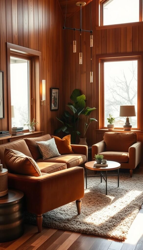 A cozy mid-century modern living room, walls adorned with warm honey-toned wood paneling. Soft, diffused lighting creates a inviting, intimate atmosphere. Plush velvet sofa and armchair in earthy tones sit atop a lush, textured rug. Sunlight streams through large picture windows, illuminating the space. Accents of burnished brass, natural greenery, and vintage-inspired decor add depth and character. The overall aesthetic is one of timeless elegance and organic, understated sophistication. A cozy mid-century modern living room, walls adorned with warm honey-toned wood paneling. Soft, diffused lighting creates a inviting, intimate atmosphere. Plush velvet sofa and armchair in earthy tones sit atop a lush, textured rug. Sunlight streams through large picture windows, illuminating the space. Accents of burnished brass, natural greenery, and vintage-inspired decor add depth and character. The overall aesthetic is one of timeless elegance and organic, understated sophistication.