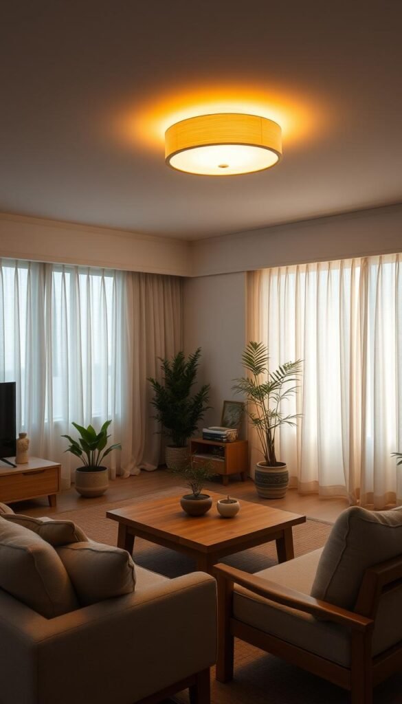 A cozy, minimalist Japandi-style living room bathed in soft, ambient lighting. The space is illuminated by a warm, glowing ceiling fixture, casting a gentle radiance throughout the room. Wooden furnishings and natural textures create a serene, harmonious atmosphere. Diffused light filters through sheer curtains, casting a calming glow on the space. Plush, neutral-toned seating invites relaxation, while potted plants and simple decor elements add subtle accents. The overall effect is one of tranquility, inviting the viewer to unwind in this peaceful, softly-lit interior.
