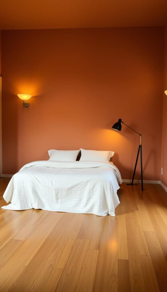A cozy, minimalist bedroom featuring earth-toned walls with a subtle textured finish and a smooth, warm-hued wood floor. The walls are a calming, muted shade of terracotta, creating a grounded, natural ambiance. The floor is a rich, honey-colored hardwood, its linear grain adding visual interest and depth. Warm, diffused lighting from sconces and a floor lamp casts a soft, golden glow, enhancing the organic, soothing atmosphere. The room is uncluttered, with a focus on simple, natural materials and clean lines, embodying a harmonious, minimalist aesthetic.