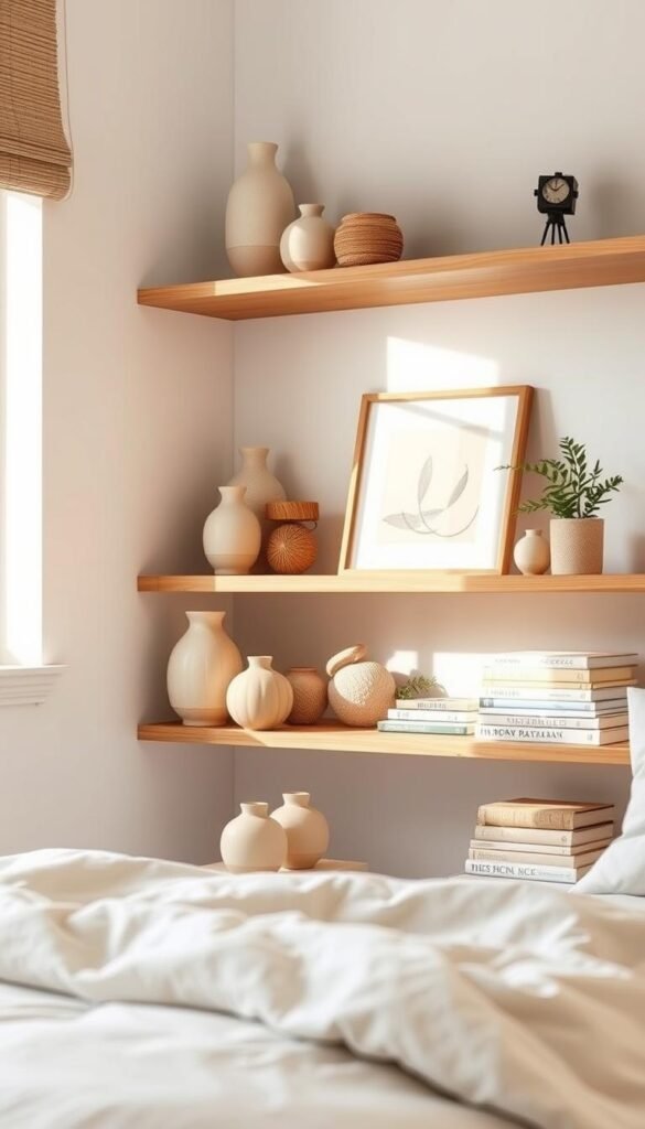 A cozy, minimalist bedroom shelving setup, with a capsule decor approach. The shelves are arranged in a balanced, layered composition, featuring a mix of natural materials and neutral tones. Soft, diffused lighting from a nearby window casts a warm glow, highlighting the textures of the decor items. In the foreground, a series of small, sculptural ceramic vases and a neatly stacked pile of hardcover books create a visually appealing focal point. The middle ground showcases a few carefully selected decorative accents, such as a framed piece of abstract art and a small potted plant, maintaining a sense of calmness and restraint. The background features plain white walls, allowing the foreground elements to take center stage and creating a harmonious, uncluttered atmosphere.