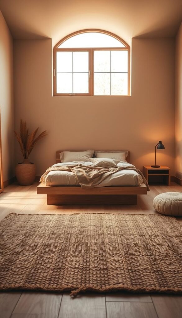 A cozy, minimalist bedroom showcasing the natural beauty of earth-toned textures. The foreground features a simple, wooden platform bed dressed in soft, earthy linens. The middle ground highlights a woven area rug with an intricate pattern, complementing the smooth, matte walls in a warm, neutral palette. In the background, a large, partially-framed window allows natural light to filter in, casting a gentle, golden glow throughout the space. Subtle, ambient lighting illuminates the room, creating a tranquil, soothing atmosphere. The overall composition evokes a sense of serenity and connection to the natural world.