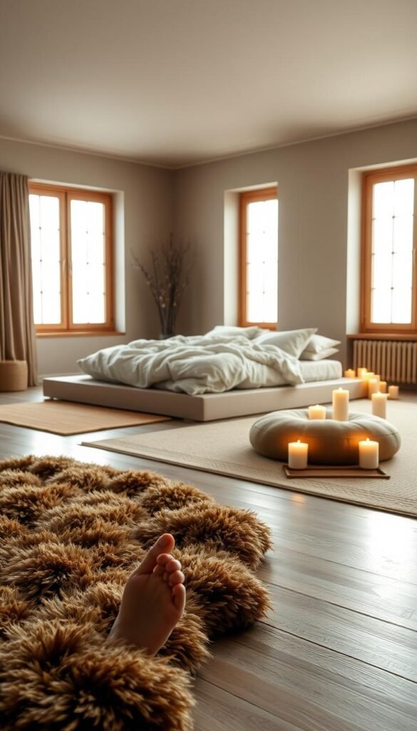 A cozy, minimalist earthy bedroom with a multi-sensory relaxation experience. In the foreground, a soft, plush rug in earthy tones invites bare feet. In the middle ground, a low platform bed is adorned with linen bedding and a fluffy, oversized throw blanket. Nearby, a large, round meditation cushion sits on the floor, surrounded by candles casting a warm, flickering glow. In the background, floor-to-ceiling windows allow natural light to filter in, illuminating the space. The overall atmosphere is serene, calming, and conducive to deep relaxation, with muted earth tones and natural textures creating a harmonious, minimalist ambiance.