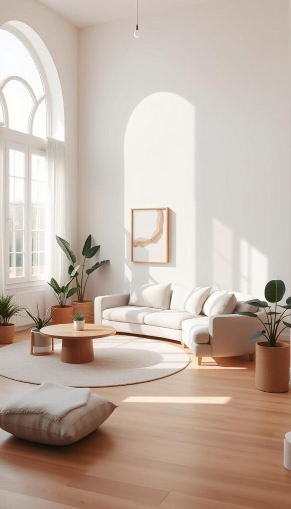 A cozy, minimalist living room bathed in soft, natural light. A low-profile, light-colored sofa takes center stage, paired with a large, round area rug and a sleek, wooden coffee table. Potted plants and a simple, abstract wall art piece add subtle pops of color. The room exudes a sense of tranquility and thoughtful design, with clean lines and a muted color palette creating a dreamy, serene atmosphere. Tall, arched windows frame the scene, allowing the outdoors to seamlessly blend with the interior. The overall vibe is effortlessly sophisticated, evoking a sense of calm and sophistication.
