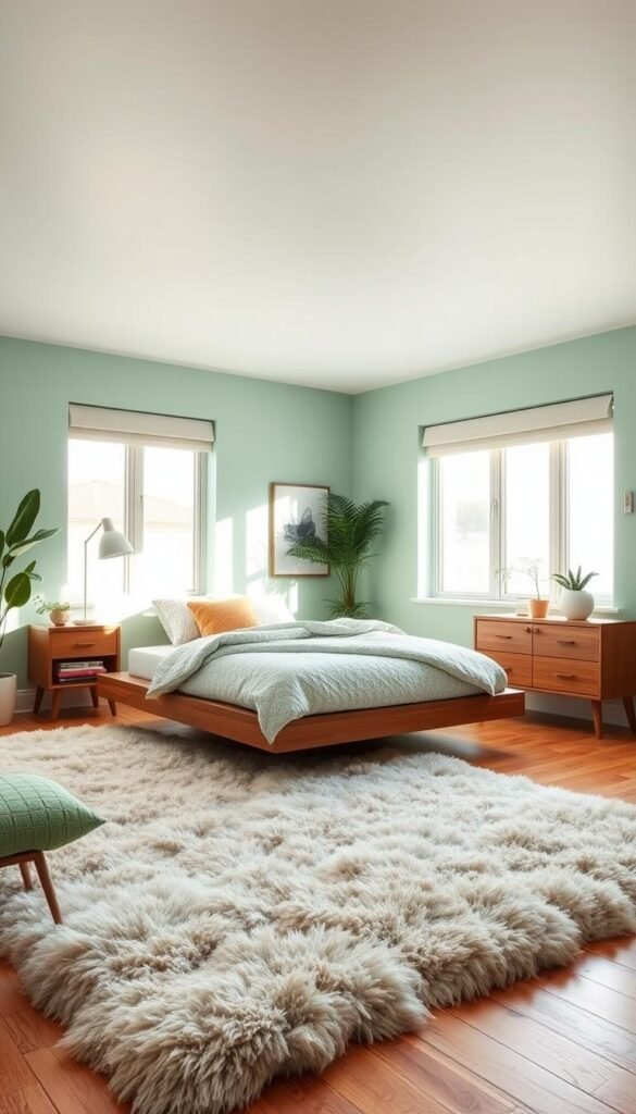 A cozy mint green bedroom with modern, minimalist decor. Soft, diffused lighting from large windows casts a warm glow on the space. A low-profile platform bed with a plush, patterned duvet anchors the room. Sleek, wooden nightstands and a floating media console add clean lines. A fluffy, textured area rug and potted plants bring natural elements. Accent pillows in complementary tones and a few metallic accents like a floor lamp and wall sconces create a balanced, harmonious aesthetic. The overall mood is fresh, inviting and full of vibrant, earthy energy.
