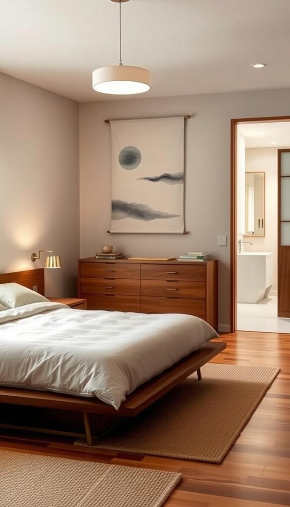 A cozy, modern Japandi-inspired bedroom with a balance of clean lines, natural textures, and subtle traditional elements. In the foreground, a low-profile platform bed with a plush, minimalist duvet and pillows. Resting on a warm-toned wooden floor, with a woven area rug underfoot. In the middle ground, a sleek, wooden dresser and nightstand, accented with simple, brushed-metal hardware. Above, a large, statement wall hanging featuring a minimalist, brush-stroke landscape. Soft, ambient lighting from a pair of minimalist pendant lamps casts a soothing glow. The background reveals a neutral-toned accent wall, complemented by a pair of shoji-inspired sliding doors leading to an ensuite bathroom. An atmosphere of tranquility and timeless sophistication.