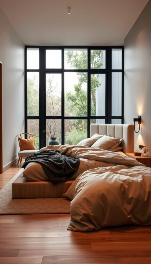 A cozy, modern bedroom with a statement bed and headboard design. The bed is the focal point, featuring a minimalist, wooden headboard with clean lines and a soft, upholstered panel. Soft, neutral bedding in shades of beige and grey creates a serene, restful atmosphere. Indirect lighting from wall-mounted sconces casts a warm, ambient glow, highlighting the texture of the wooden headboard. The room is spacious yet intimate, with a large window overlooking a tranquil garden scene. Wooden floors and subtle décor elements complement the natural, earthy tones, evoking a sense of relaxation and comfort. A cozy, modern bedroom with a statement bed and headboard design. The bed is the focal point, featuring a minimalist, wooden headboard with clean lines and a soft, upholstered panel. Soft, neutral bedding in shades of beige and grey creates a serene, restful atmosphere. Indirect lighting from wall-mounted sconces casts a warm, ambient glow, highlighting the texture of the wooden headboard. The room is spacious yet intimate, with a large window overlooking a tranquil garden scene. Wooden floors and subtle décor elements complement the natural, earthy tones, evoking a sense of relaxation and comfort.