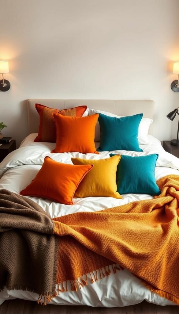 A cozy, modern bedroom with a stunning layered bedding color scheme. The plush, ivory-colored duvet cover forms the background, contrasted by bold, geometric-patterned throw pillows in shades of burnt orange, deep teal, and rich mustard yellow. Soft, woven blankets in complementary hues are casually draped across the foot of the bed, adding depth and texture. Warm, diffused lighting from sconces on the walls and a sleek, minimalist nightstand lamp creates a inviting, intimate atmosphere. The overall effect is a visually striking, yet harmonious, color palette that transforms the bed into a captivating centerpiece.