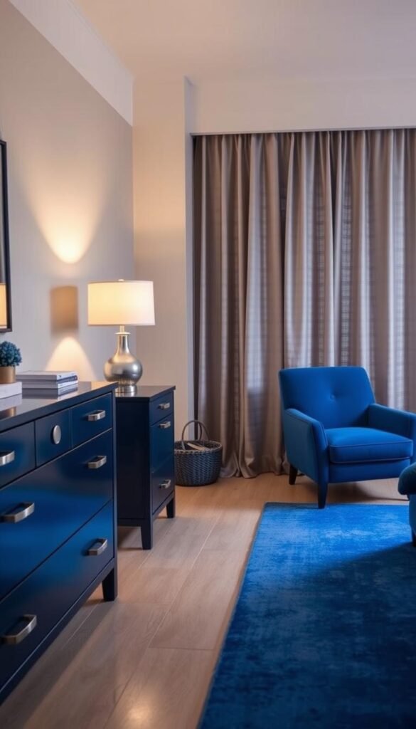 A cozy, modern bedroom with chic blue furniture accents. A sleek, navy blue dresser stands prominently in the foreground, its clean lines and metallic hardware reflecting the soft, diffused lighting. Beside it, a matching nightstand holds a minimalist table lamp, casting a warm glow. In the middle ground, a plush, cobalt blue armchair invites relaxation, while a large, azure-hued area rug grounds the space. The background features neutral-toned walls and subtle, textured curtains, allowing the vibrant blue pieces to take center stage. The overall scene exudes a sense of tranquility and sophistication, perfectly capturing the essence of "Incorporate Blue Through Furniture and Key Pieces".