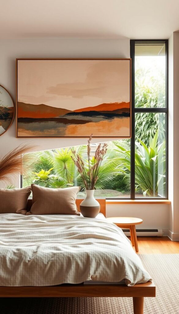 A cozy modern earthy bedroom with a carefully curated art selection. In the foreground, a large abstract landscape painting in muted tones of ochre, sage, and terracotta hangs above a low, minimalist wooden bed frame. In the middle ground, a handcrafted ceramic vase with wispy dried flowers sits on a natural wood side table. The background features a large window overlooking a lush, verdant garden, allowing warm, diffused natural light to flood the space. The overall atmosphere is one of tranquility, simplicity, and a connection to nature, creating a serene and inviting personal retreat.