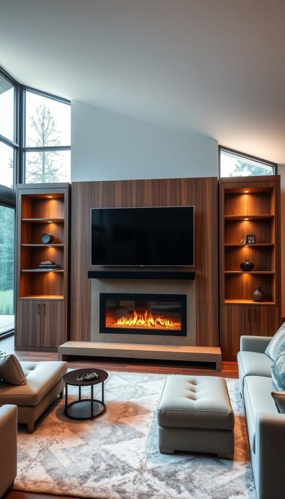 A cozy, modern fireplace and media wall combination in a luxurious living room. The focal point is a sleek, minimalist fireplace with a floating hearth and a built-in media cabinet above, housing a large flat-screen TV. Flanking the fireplace are bespoke, wood-paneled shelving units with recessed lighting, creating a warm, inviting ambiance. The room is bathed in soft, natural light filtering through large, panoramic windows, offering a picturesque view of a serene, wooded landscape. Plush, neutral-toned furnishings and a sumptuous area rug complete the elegant, sophisticated atmosphere, perfectly suited for a relaxing evening of entertainment and comfort. A cozy, modern fireplace and media wall combination in a luxurious living room. The focal point is a sleek, minimalist fireplace with a floating hearth and a built-in media cabinet above, housing a large flat-screen TV. Flanking the fireplace are bespoke, wood-paneled shelving units with recessed lighting, creating a warm, inviting ambiance. The room is bathed in soft, natural light filtering through large, panoramic windows, offering a picturesque view of a serene, wooded landscape. Plush, neutral-toned furnishings and a sumptuous area rug complete the elegant, sophisticated atmosphere, perfectly suited for a relaxing evening of entertainment and comfort.