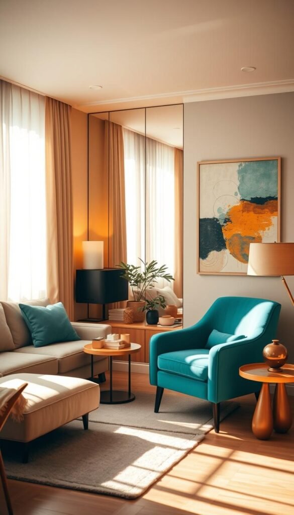 A cozy, modern living room bathed in warm, diffused lighting. The scene showcases a carefully curated arrangement of furniture and decor, with clean lines and a minimalist aesthetic. Soft, muted tones of beige, sage, and ochre create a harmonious palette, while pops of vibrant color - such as a plush turquoise armchair or a bold abstract painting - add dynamic visual interest. Strategically placed mirrors and translucent curtains reflect and refract the light, creating an illusion of depth and amplifying the sense of spaciousness. Gentle shadows and highlights sculpt the forms, lending a sense of depth and dimensionality to the compact space. The overall atmosphere is one of calm, inviting comfort - a serene sanctuary where light and color transform a small room into a welcoming, visually captivating haven. A cozy, modern living room bathed in warm, diffused lighting. The scene showcases a carefully curated arrangement of furniture and decor, with clean lines and a minimalist aesthetic. Soft, muted tones of beige, sage, and ochre create a harmonious palette, while pops of vibrant color - such as a plush turquoise armchair or a bold abstract painting - add dynamic visual interest. Strategically placed mirrors and translucent curtains reflect and refract the light, creating an illusion of depth and amplifying the sense of spaciousness. Gentle shadows and highlights sculpt the forms, lending a sense of depth and dimensionality to the compact space. The overall atmosphere is one of calm, inviting comfort - a serene sanctuary where light and color transform a small room into a welcoming, visually captivating haven.