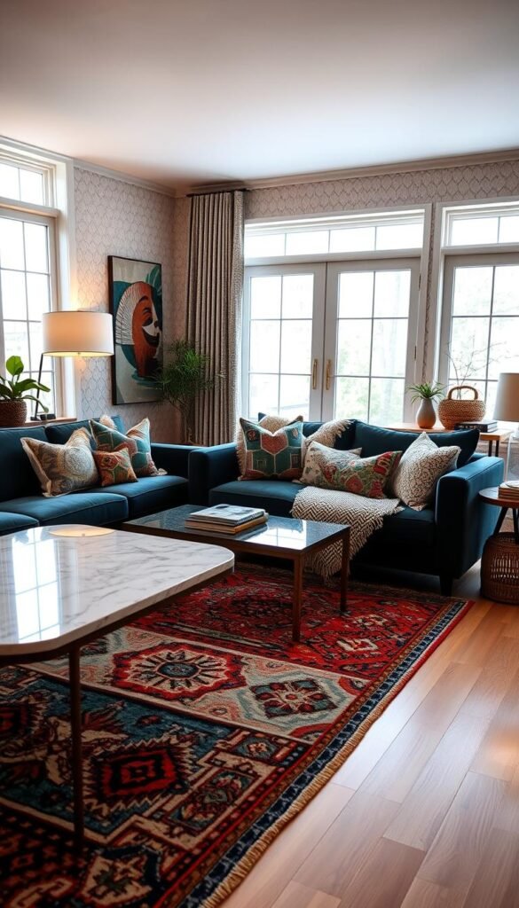 A cozy, modern living room filled with a visually captivating mix of patterns and textures. In the foreground, a plush velvet sofa in a rich jewel-toned hue is complemented by throw pillows adorned with abstract geometric designs. Nearby, a sleek coffee table features a marbled surface that reflects the warm glow of a mid-century modern lamp. The middle ground showcases a vibrant area rug with an intricate boho-inspired motif, layered over a light-colored hardwood floor. In the background, floor-to-ceiling windows allow natural light to flood the space, casting soft shadows and highlighting the varied textures of the room's decor, from the woven basket on a side table to the textured wallpaper in a soothing neutral palette.