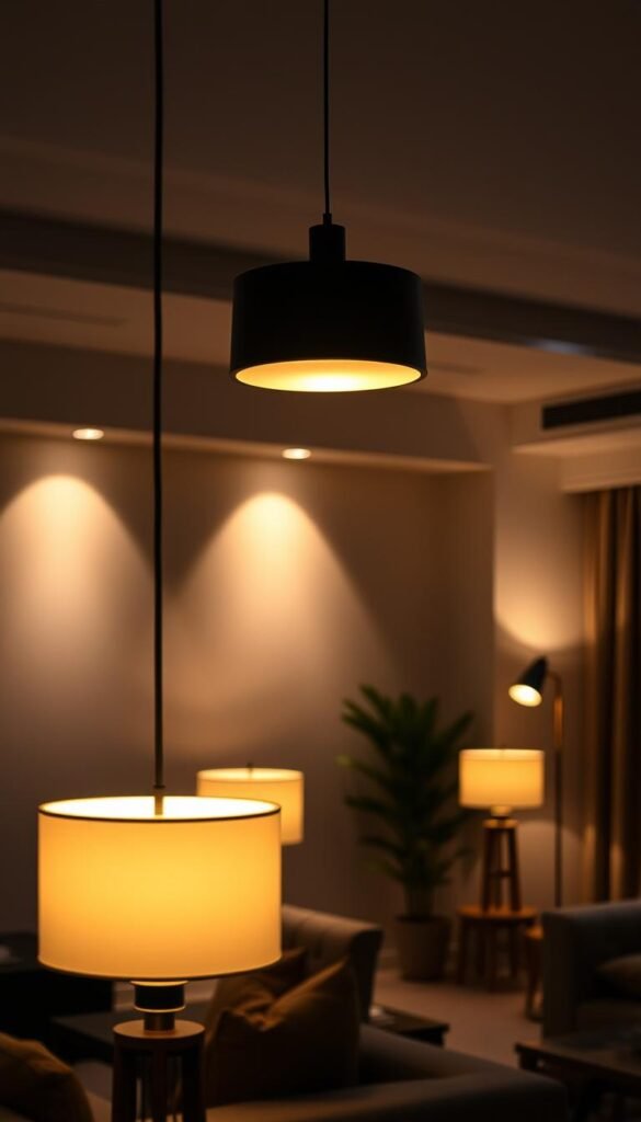 A cozy modern living room illuminated by a layered lighting design. In the foreground, a sleek, minimalist pendant light casts a warm glow, complemented by recessed spotlights that highlight key architectural features. In the middle ground, table lamps with soft, diffused illumination add depth and ambiance. The background is softly lit by a floor lamp with an adjustable, dimmable bulb, creating a relaxing, inviting atmosphere. The lighting is carefully orchestrated to create a harmonious, layered effect, subtly highlighting the room's modern decor and accentuating the cozy, welcoming ambiance.