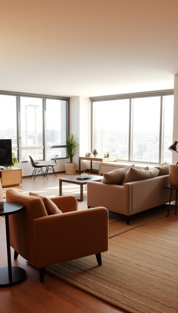 A cozy modern living room with distinct activity zones. In the foreground, a plush armchair and side table create an intimate conversation nook, bathed in warm, soft lighting. In the middle ground, a comfy sofa and coffee table form a casual lounging area, while a small desk and chair in the corner suggest a peaceful workspace. The background showcases large windows allowing natural light to filter in, accentuating the clean, minimalist aesthetic. The overall ambiance is one of comfort, relaxation and functional flexibility - a space designed for engaging in various activities with a sense of tranquility.