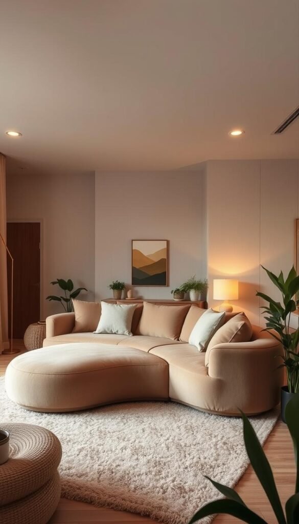 A cozy modern living space with a large, curved sofa taking center stage. The sofa is upholstered in a soft, earthy tone, its gentle curves creating an inviting and organic silhouette. Warm, diffused lighting from floor lamps and recessed ceiling fixtures casts a comfortable glow, complementing the natural tones and textures throughout the room. The space is accented with potted plants, a plush area rug, and minimal, minimalist decor, all working together to cultivate a serene and nature-inspired ambiance. The camera angle is slightly elevated, capturing the sofa's graceful form and the overall harmony of the living area. A cozy modern living space with a large, curved sofa taking center stage. The sofa is upholstered in a soft, earthy tone, its gentle curves creating an inviting and organic silhouette. Warm, diffused lighting from floor lamps and recessed ceiling fixtures casts a comfortable glow, complementing the natural tones and textures throughout the room. The space is accented with potted plants, a plush area rug, and minimal, minimalist decor, all working together to cultivate a serene and nature-inspired ambiance. The camera angle is slightly elevated, capturing the sofa's graceful form and the overall harmony of the living area.