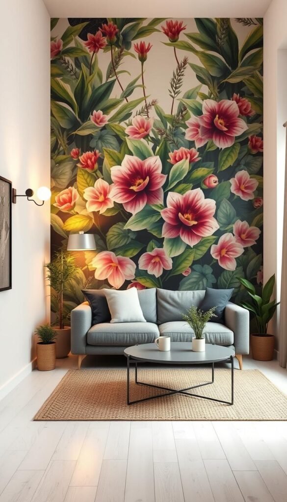 A cozy, modern small living room with a statement-making wallpaper mural. A large, vibrant floral or botanical print covers the main wall, creating a lush, nature-inspired backdrop. Soft, warm lighting from sconces and a floor lamp casts a gentle glow, enhancing the inviting atmosphere. Minimalist furniture, including a plush gray sofa and a sleek, low-profile coffee table, allows the mural to take center stage. Potted plants and natural textures, like a woven area rug, add organic touches. The room feels harmonious, with the mural as the focal point that ties the entire space together.