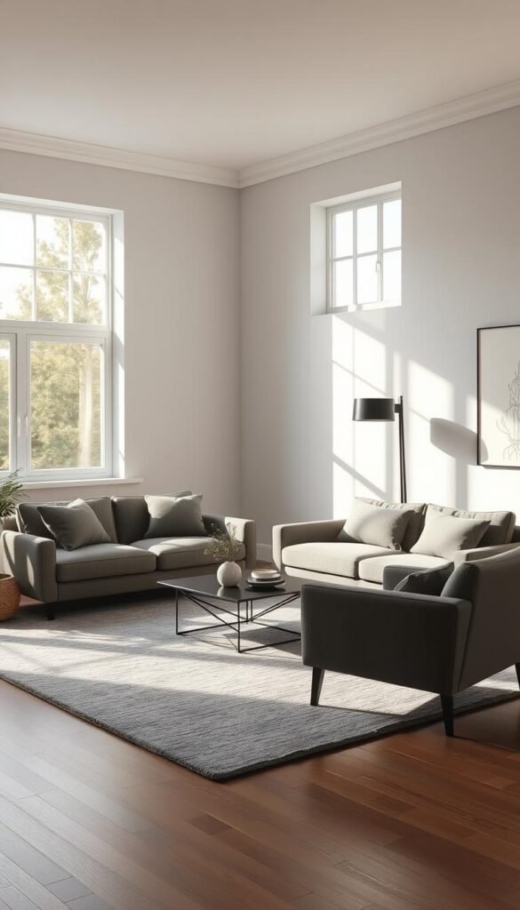 A cozy, monochromatic living room with a minimalist, high-end aesthetic. Soft natural light filters through large windows, casting a warm glow on the sleek, minimalist furniture. A plush, textured rug in shades of grey anchors the space, while a low-profile sofa and armchair in muted tones offer comfortable seating. Subtle pops of black in the form of accent pieces, such as a geometric coffee table and a tall, slender floor lamp, add visual interest and depth. The overall atmosphere is one of calm, sophistication, and approachable luxury, showcasing how budget-friendly decor can achieve a high-end look.