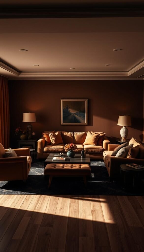 A cozy, moody living room in a monochromatic brown color palette. The room is bathed in warm, soft lighting, creating a intimate, inviting atmosphere. The main focal point is a large, plush sofa in a rich, earthy brown shade, complemented by matching armchairs and ottomans. Decorative accents in varying shades of brown, from camel to chestnut, adorn the space - think plush textiles, wooden furniture, and subtle metallic touches. The room is anchored by a dark, moody area rug that ties the palette together. Shadows play across the walls, adding depth and dimension to the overall scene. The result is a serene, sophisticated living space with a refined, modern sensibility.