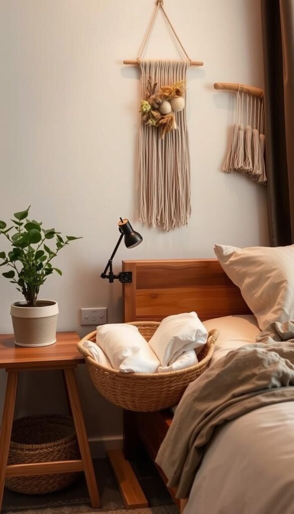 A cozy natural bedroom scene, featuring a wooden bedside table with a potted plant, a woven basket holding folded linens, and a rustic wall hanging of dried botanicals. The lighting is warm and ambient, creating a relaxing, earthy atmosphere. The angle is slightly elevated, capturing the harmonious arrangement of these handcrafted, organic elements that seamlessly integrate into the modern, minimalist design of the bedroom.